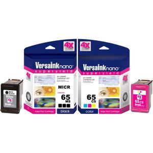 VersaInk-nano HP 65 MS MICR Black Ink Cartridge for Check Printing & VersaInk-Nano 65 CS Tri-Color Ink Cartridge Combo Pack
