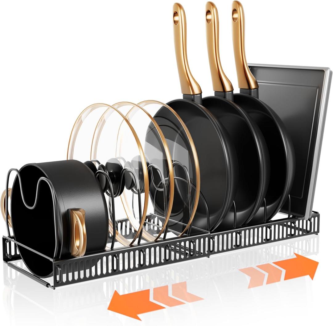 Pots and Pans Organizer Rack for Under Cabinet Expandable Pot Lid holders inside Organizer 10 Adjustable Divider Pan organizer 11.81''-22.85'' Pan lid organizer for cabinet Organizer for Bakeware (black)