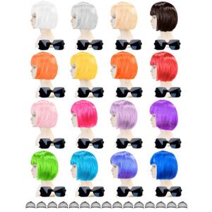 16 Pack Colored Bob Wigs with Bangs, Colorful Wigs with Sunglasses Bulk, Neon Party Fun Hair Wig for Women Costume Cosplay (Multicolor)