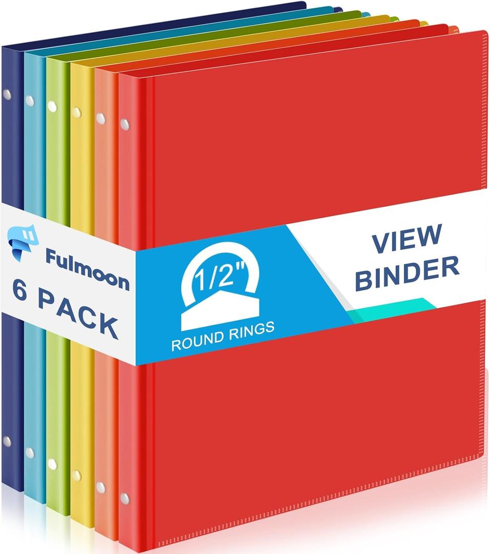 Fulmoon 6 Pack Plastic 3 Ring Binder Assorted Colors Economy Flexible Round Ring Presentation Binders with Pocket for Office School Meeting(0.5 Inch,Rainbow Colors) (Bright)