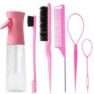 6pcs Hair Styling Comb Set with Continuous Spray Bottle 200ml, Rat Tail Comb Edge Control Hair Brush for Back Brushing, Combing, Braiding, Slicking for Women (pink)