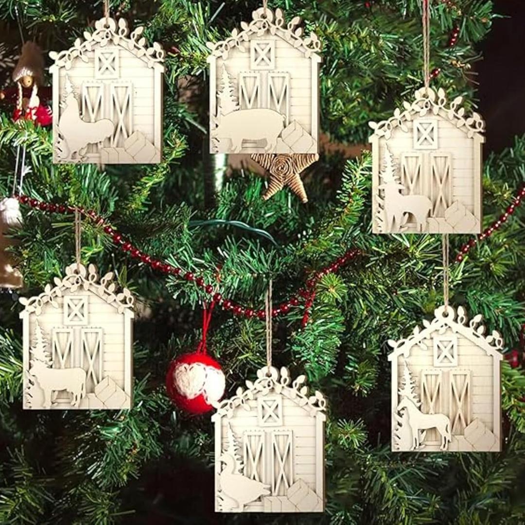 Roowest 6 Pcs Large 3D Christmas Farm Animal Ornaments 4.5 in Wood Farmhouse Ornament Rustic Country Christmas Decorations Cow Pig Chicken Horse Sheep Duck Hanging Decor for Xmas Tree Craft