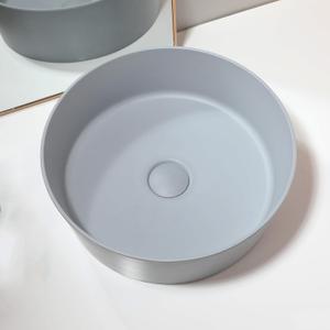15" Stone Resin Round Gray Bathroom Vessel Sink Above Counter Vanity Sink Bowl With Pop-Up Drain Combo, 15x15x5.2