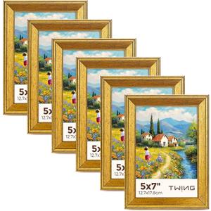 TWING 5x7 Gold Picture Frames Set of 6,Rustic Gold Frames Display Pictures 4x6 with Mat or 5x7 Without Mat,Tabletop Display and Wall Mounting Home Collage Photo Frame,Set for Wall Gallery