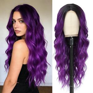HMHIFI Long Ombre Purple Wig for Women 26Inch Mixed Dark Purple Wavy Curly Hair Wigs Synthetic Hair Replacement Wig Heat Resistant Hair Wig for Daily Party Use(26'' Dark Purple)