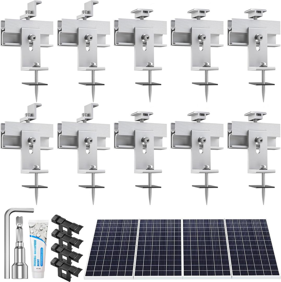 Solar Panel Mounting Brackets Kit 10Pcs Solar Roof Mount Kit for 1-4 Pieces Thickness 1.57-1.6 Solar Panels(100-400W), Aluminum Alloy Mount for Flat Pitched Roof Rack Mounting Brackets