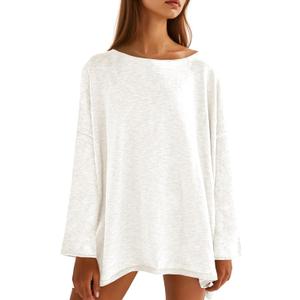 Tankaneo Womens Long Sleeve Shirts Oversized Lightweight Sweaters Crewneck Side Slit Hem Casual Blouse Tunic Tops (Medium, White)