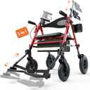 Folding 3 in 1 Rollator & Transport Wheelchair, Lightweight Aluminum Rolling Walker with Seat, Adjustable Foot Rests, Hand Brake, Storage Bag, Mobility Walking Aid for Seniors, Elderly & Disabled, Red