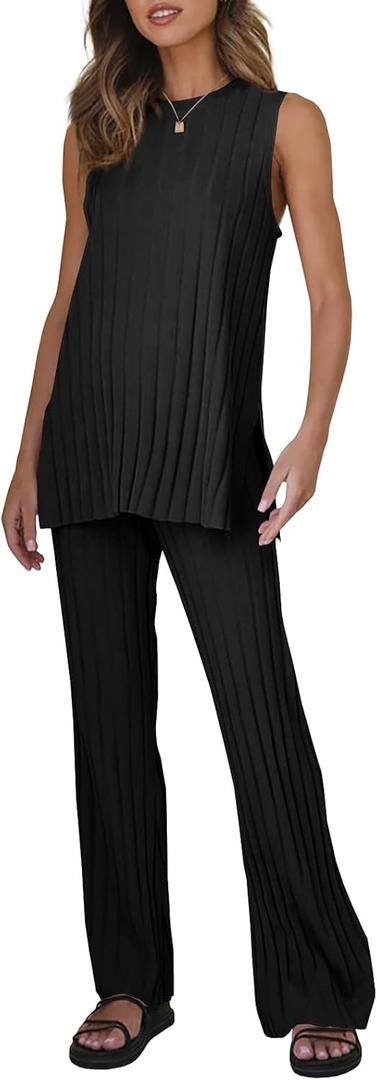 Tankaneo Two Pieces Outfits Sleeveless Top Knit Sets Trendy Lounge Long Pajamas Set (Medium, Black)