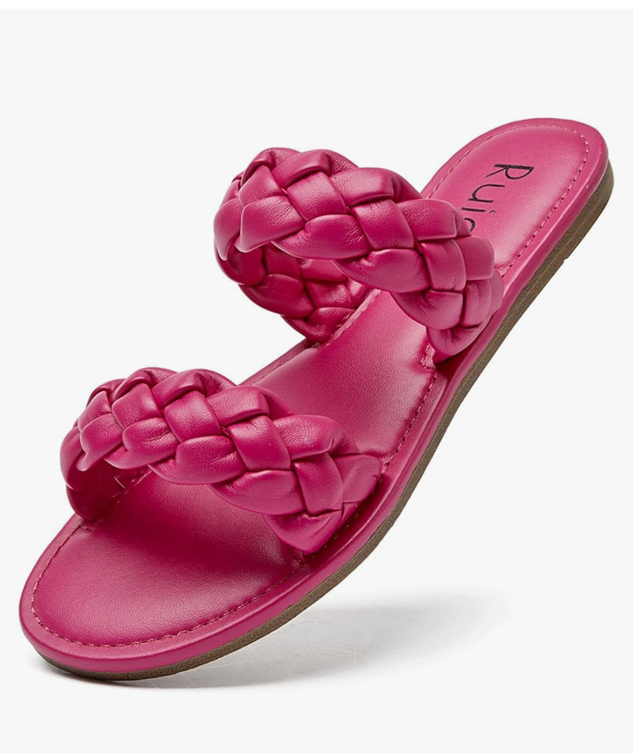 Women's Flat Slides Sandals, Summer Slippers Comfortable Braided Strap Round Open Toe Casual Beach Shoes for Women. 8, Pink