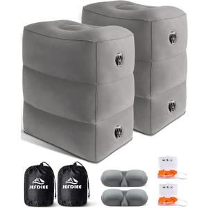 JefDiee Inflatable Travel Foot Rest Pillow,Kids Airplane Bed,Adjustable 3 Layers Height Leg Rest Pillow,Adults Travel Essentials Great for Airplane,Office,Home,Trains,Cars (Light Grey-2 Pack)