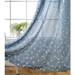 MIUCO Floral Embroidery Semi Sheer Curtains Faux Linen Grommet Curtains for Bedroom 52 x 63 Inch 2 Panels, Dusty Blue