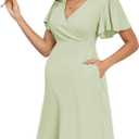 AISWI 2024 Summer Maternity Nursing Dress Pockets Baby Shower Wedding Guest Pregnancy Short Ruffle Sleeves A-line Midi (Green, M)