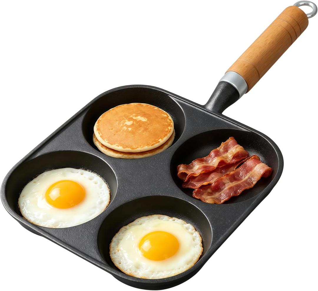 Cast Iron Egg Pan, 4 Cup Omelette Egg Pan for Pancake, Breakfast Sandwich, Hamburger, Gas & Induction Stovetop Compatible, Virgin Iron, 6.6 inch