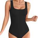 MANGOPOP Double Lined Workout Tank Tops for Women Square Neck Sleeveless Fitted Gym Top Yoga Shirt Thong Sport Bodysuits, S