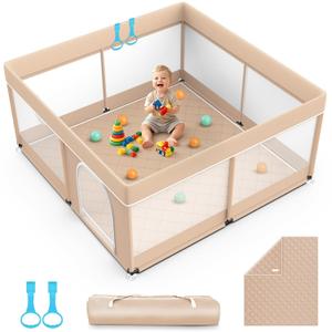 Omzer Baby Playpen with Mat 50x50inch: Large Playpen for Babies and Toddlers Indoor Safety Play Pen with Soft Breathable Mesh - All-Wrapped Sponge Sturdy Play Yard with Stable Mat Magic Sticker Beige