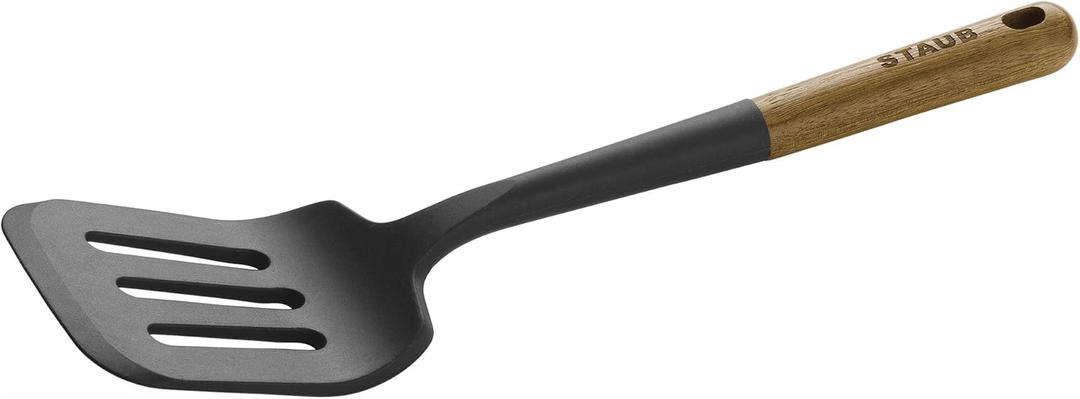 STAUB Silicone Spatula Turner, Perfectly Angled for Lifting Pancakes, Sandwiches and Picking up Veggies Durable BPA-Free Matte Black Silicone, Acacia Wood Handles, Safe for Nonstick Cooking Surfaces