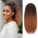 Long Yaki Straight Drawstring Ponytail for Black Women 16inch T30 Shoulder Length Synthetic Slight Kinky Straight Ponytail Extension Clip in for Daily Party Use(T1B/30 Mix Black and Brown)