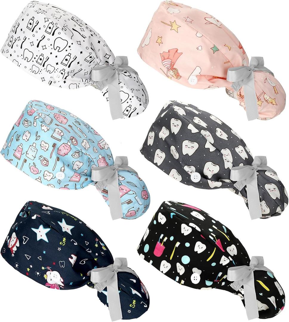 Honoson 6 Pcs Dental Scrub Caps Women Dentist Nursing Hats Adjustable Bouffant Nurse Hats Ponytail Turban Caps