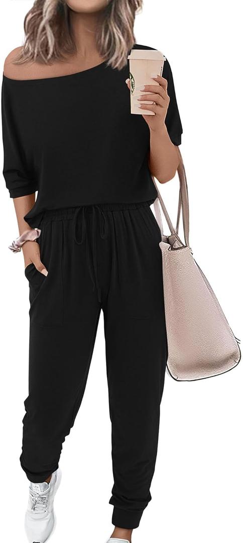 Zenlonr Women Summer 2 Piece Outfits 2026 Off Shoulder Short Sleeve Tops Elastic Waist Drawstring Long Pants Tracksuit (X-Large, Black)