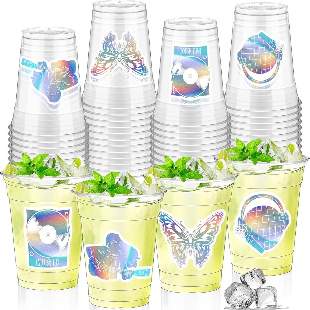 Jingmore 48 Pcs Clear Party Plastic Cups Bulk 12 oz Birthday Clear Disposable Cups for Themed Birthday Drinking Party Supplies Drinkware Decorations, Music