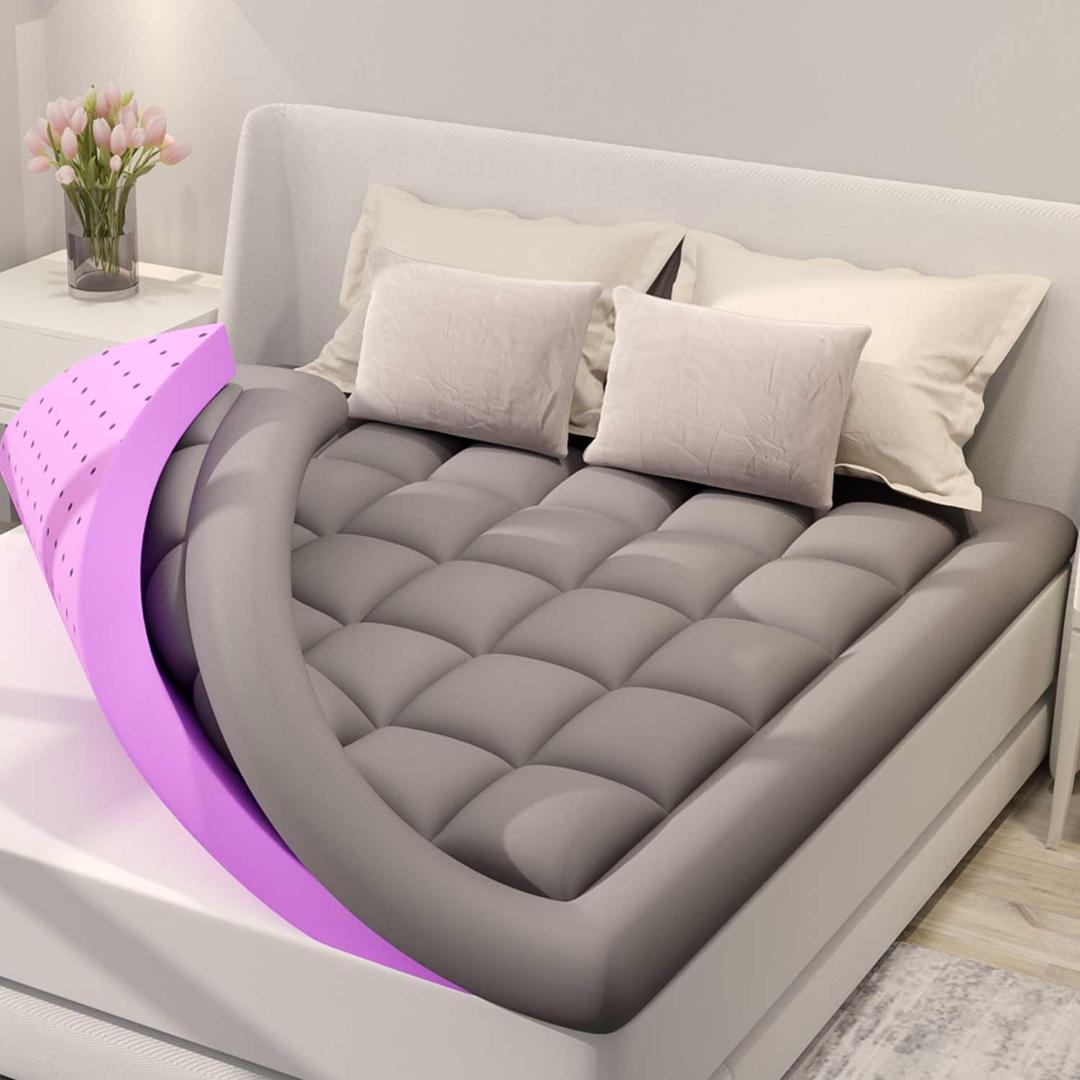 BDEUS Dual Layer 5 Inch Memory Foam Mattress Topper Queen Size, 2 Inch Gel Memory Foam Plus 3 Inch 1450 GSM Down Alternative Quilted Pillow Top Mattress Pad Cover, Dark Gray