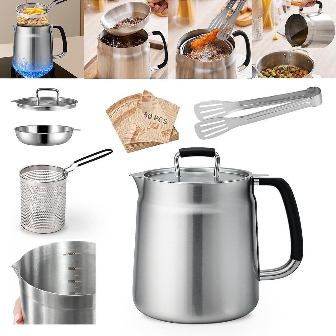 68oz 3-in-1 304 Stainless Steel Oil Filter Pot with Fine Mesh Oil Strainer & Tong, Heat-Resistant Handle, 2LCapacity Bacon Grease Container for Kitchen & Camping, Multi-Functional Frying Oil Container