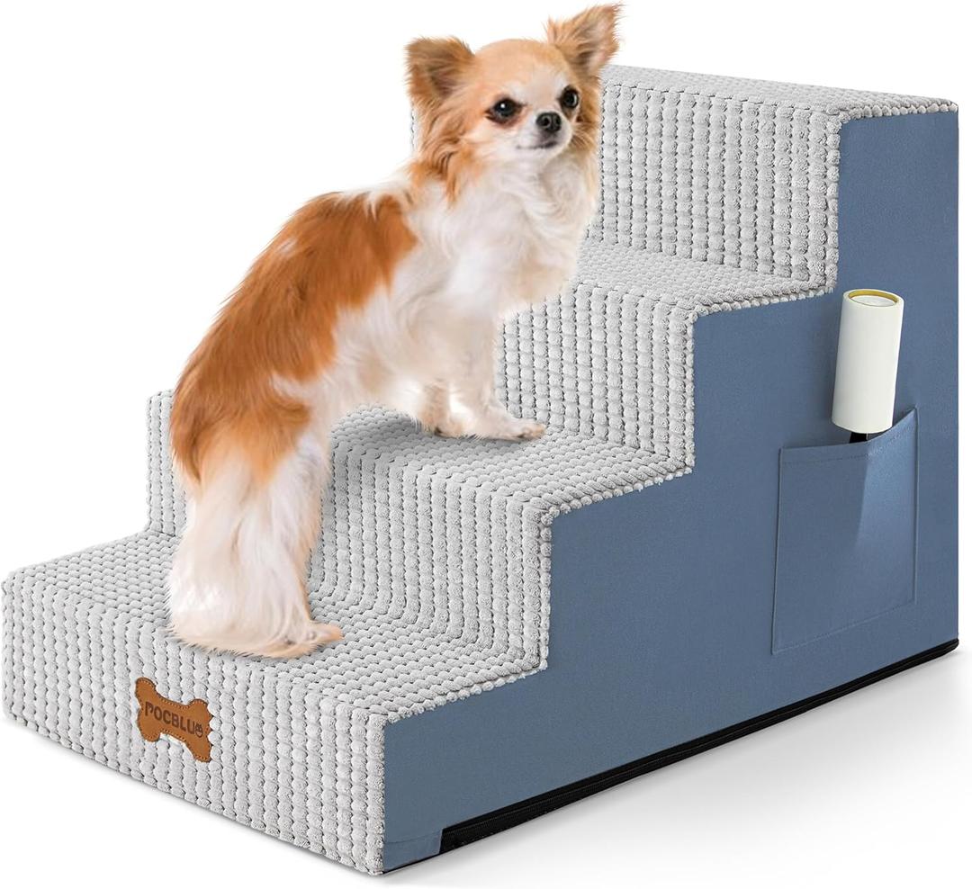 POCBLUE Dog Stairs for Bed 17.7" H, 4-Step Pet Steps for High Bed or Couch, Non-Slip Pet Ramp for Small Dogs and Cats Indoor with Washable Cover, Grey