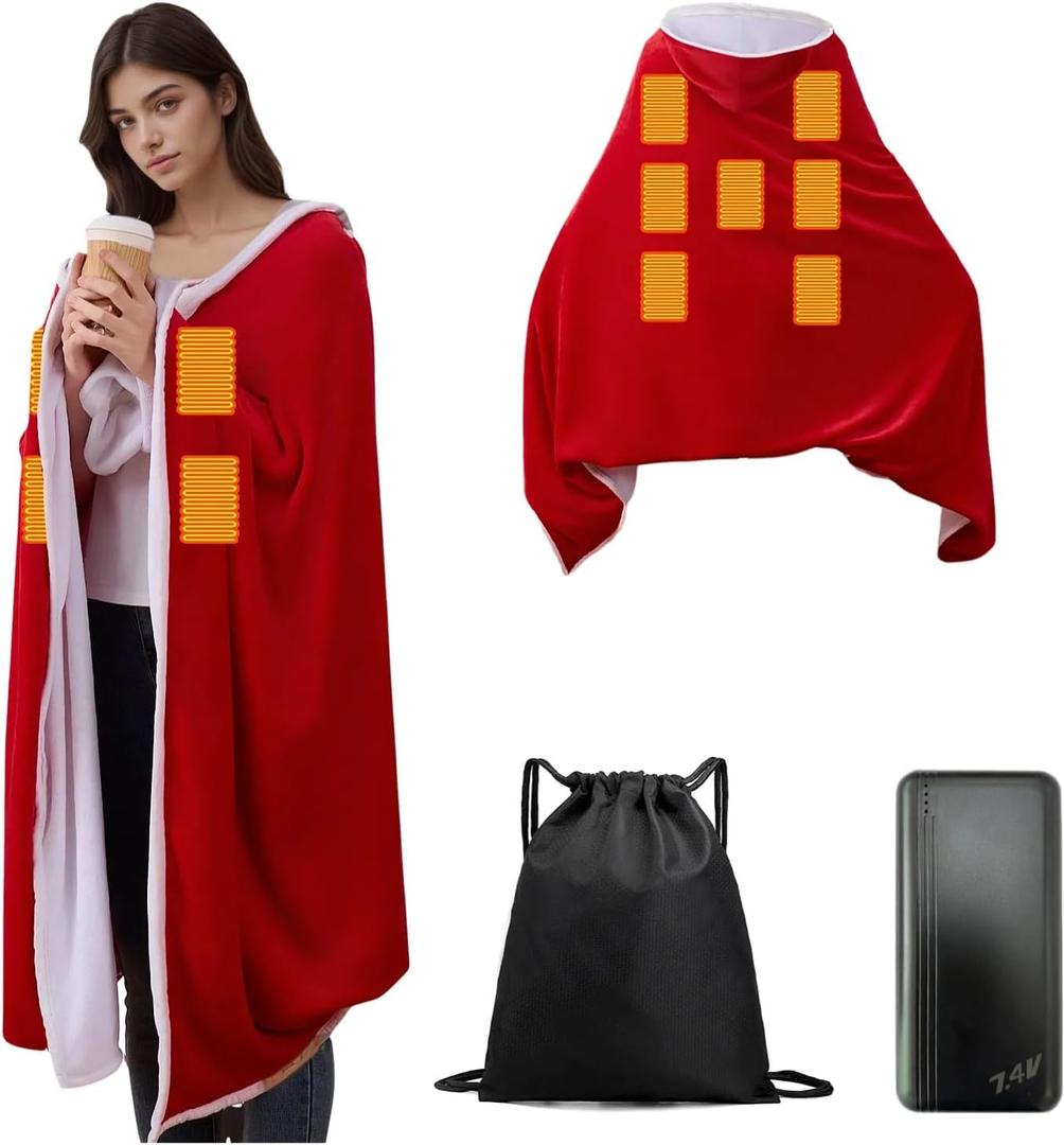NEHEMAH Large Portable Heated Blanket with 20000mAh 7.4V Power Bank, Large 71"  43" Wearable Electric Throw (Red)