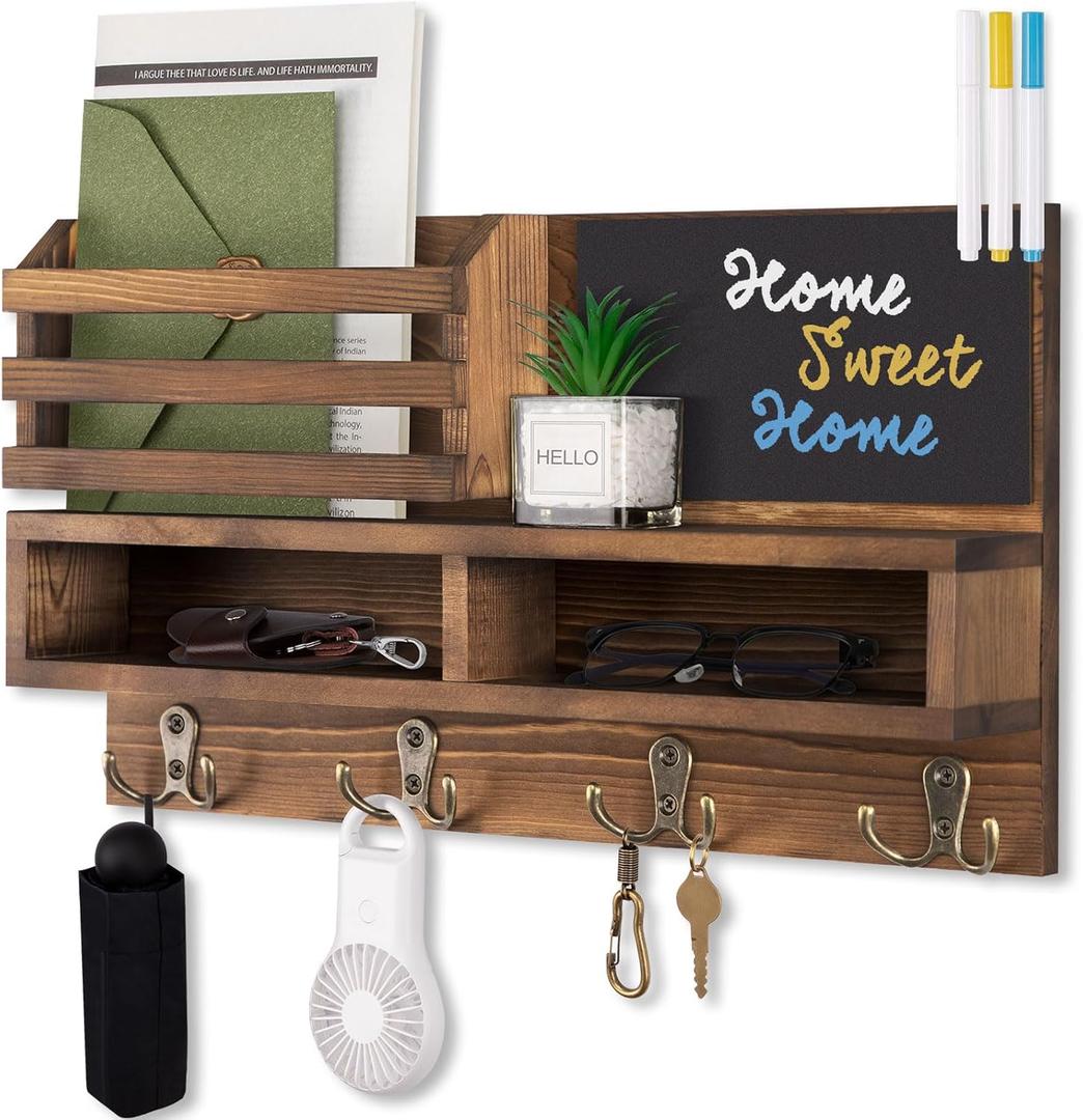 Key Holder for Wall, Wall Mounted Mail Holder Wooden with Shelf & 3 Liquid Chalks & Chalkboard, Mail Sorter Organizer, Rustic Home Decor (15.98W x 9.1H x 3.3D), Burnt Brown