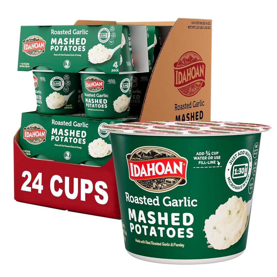 Idahoan Roasted Garlic Instant Mashed Potatoes 1.5 oz Cup, (24 count), BBD 7 November 2026