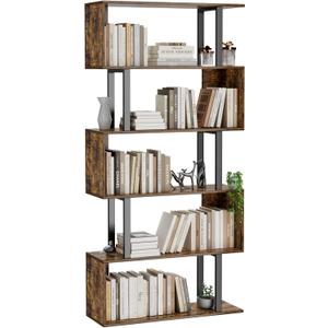Gadroad 5-Tier Geometric Bookcase,S Shaped Bookshelf, Wood Decorative Storage Shelving, Modern Freestanding Display Shelves, Tall Book Shelf Unit for Living Room Bedroom, Rustic Brown, 27.56"W x 62"H