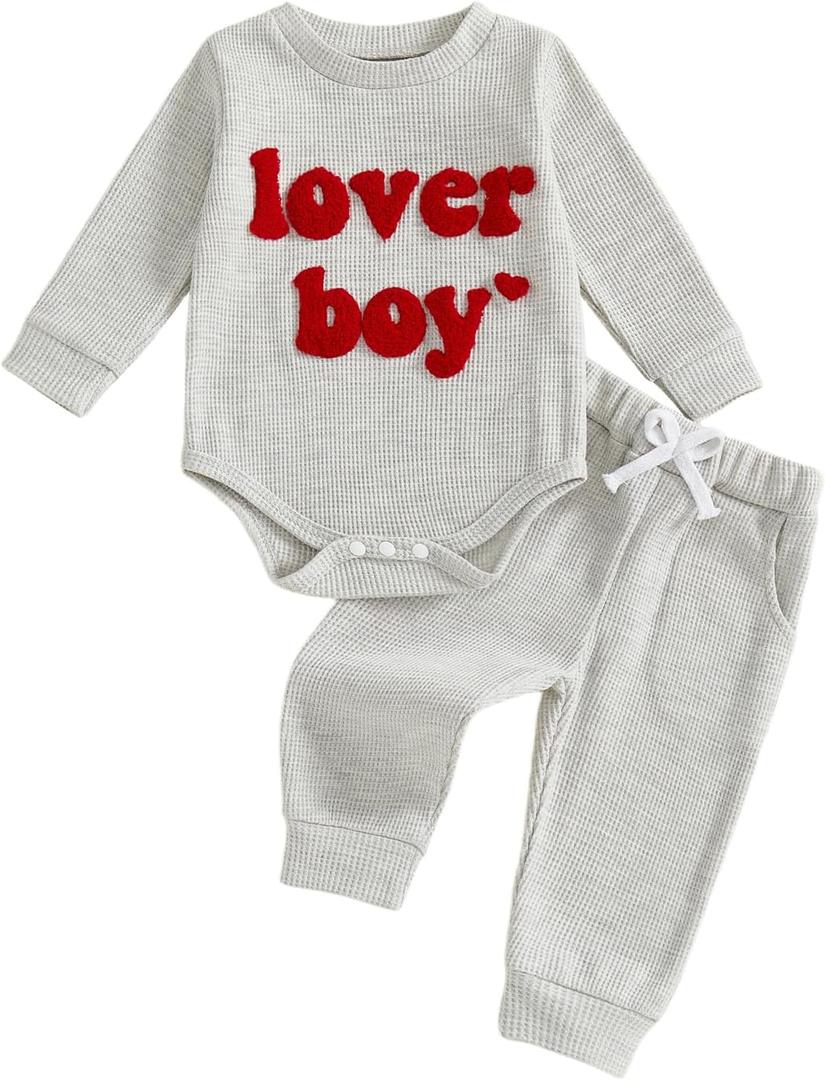Douhoow Baby Valentines Day Outfit Infant Boy Girl My 1st Valentine's Embroidered Waffle Baby Sweatshirt Romper Pants Set (Gray)