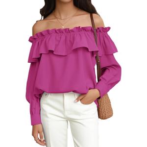 Prettywear Women's Sexy Off Shoulder Tops Long Sleeve Ruffle Blouse Flowy Going Out Shirt Oversized (Medium)