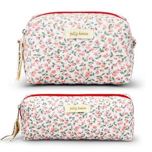 Zeyune 2 Pcs Quilted Makeup Bag Cotton Floral Aesthetic Makeup Pouch Gifts Travel Cosmetic Bag Flower Cute Brush Case Toiletry Pouch for Women Cosmetics Storage (Pink,Classic Style)