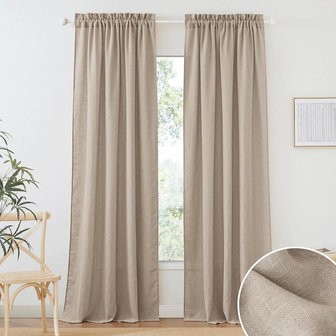 RYB HOME Sheer Linen Curtains 90 inches Long, Rod Pocket Easy Sliding Linen Blend Elegant Light Filtering Privacy Protected Panels for Living Room, Khaki, 52" W, 2 Panels