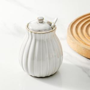 Sugar Bowl with Lid and Spoon, Ceramic Sugar Container for Coffee Bar, Sugar Jar Holder Sugar Dispenser Bowl for Sea Salt, Spice and Sugar, Glazed White