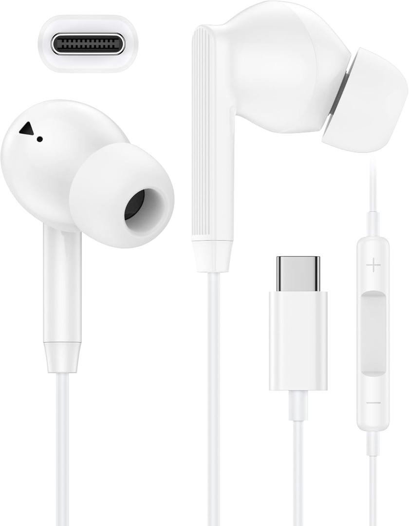iPhone 17 16 USB C Wired Headphones with Microphone, Noise Cancelling Earbuds USBC for iPhone 16e 16 Pro Max 15 Plus, Samsung Galaxy Bud S25 Ultra Apple Wired Ear Buds in-Ear Type C Plug Earphones Mic (White)