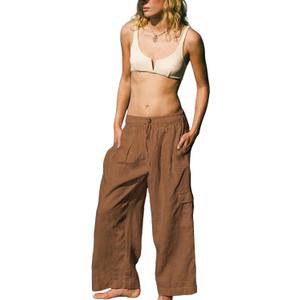 Women Linen Beach Pants Lightweight Cargo Sweatpants Wide Leg Elastic Waist Palazzo Pants Cover Up with Pockets(Rust-Small)