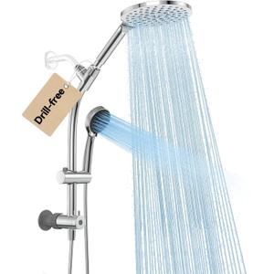 Drill-free Dual Shower Head with Handheld Combo Rainfall Shower Head Easy Reach 3-way Diverter Stainless Steel Slide Bar with Height Adjustable Holder Adjustable Rain Showerhead (Chrome)
