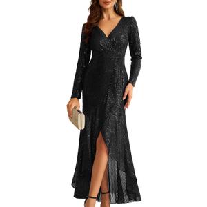 COOAN Women's Long Sequin Formal Dresses Long-Sleeve Cocktail Wedding Guest Dresses Elegant V Neck Party Gowns, M