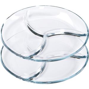 FOYO Round Tempered Glass Serving Platters/Trays - 3 Sectional -10'' Diameter, Set of 2