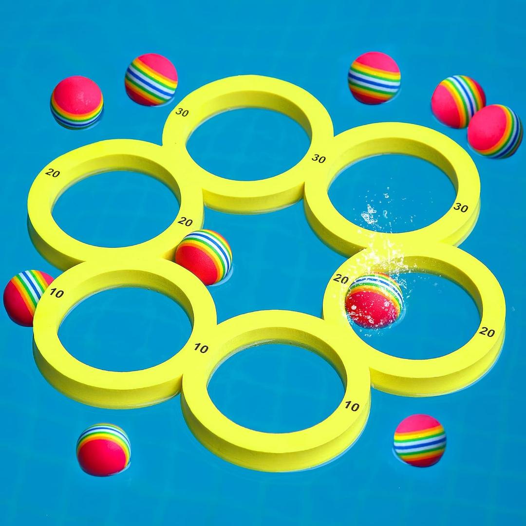 Hiboom Pool Game with Score, Combo Foam Pool Floats with 10 Colorful Tossing Balls, Toss Game Swimming Party Toys Accessories for Family Par, Dive Rings(Round,Yellow)