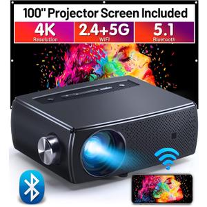 Projector, CLOKOWE 10000L 1080P HD 5G WiFi Bluetooth Projector, Portable Movie Projector with Screen, Home Theater Video Projector Compatible with Android/iOS/TV Stick/PS4, Support 4K&300