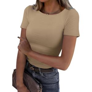 GKBK Womens Short Sleeve Tops Crew Neck Ribbed Slim Fitted Basic Tee Shirts Summer Tops Casual Spring Outfits 2026 Trendy (Brown, XXL)