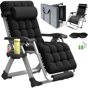 Oversized Zero Gravity Chair, XL lounge Chair 29 Width, Padded Reclining Camping Chair W/Removable Cushion & Adj Headrest, Storage Bag, Footrest Cushion, Cup Holder, For Indoor Outdoor, Black