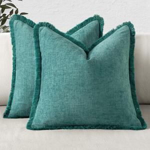 MIULEE Decorative Teal Throw Pillow Covers 20x20 Inch Set of 2 Soft Cozy Boho Farmhouse Couch Pillow Covers with Tassels Chenille Accent Pillowcases for Spring Sofa Bed Living Room Home Decor