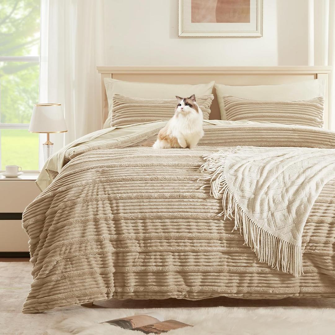 7 Pieces Queen Comforter Set, Beige Fleece Striped Queen Bed Set, Soft & Warm Bedding Set, All Season Bed in a Bag Set with 1 Comforter, 2 Pillow Shams, 2 Pillowcases, 1 Flat Sheet, 1 Fitted Sheet