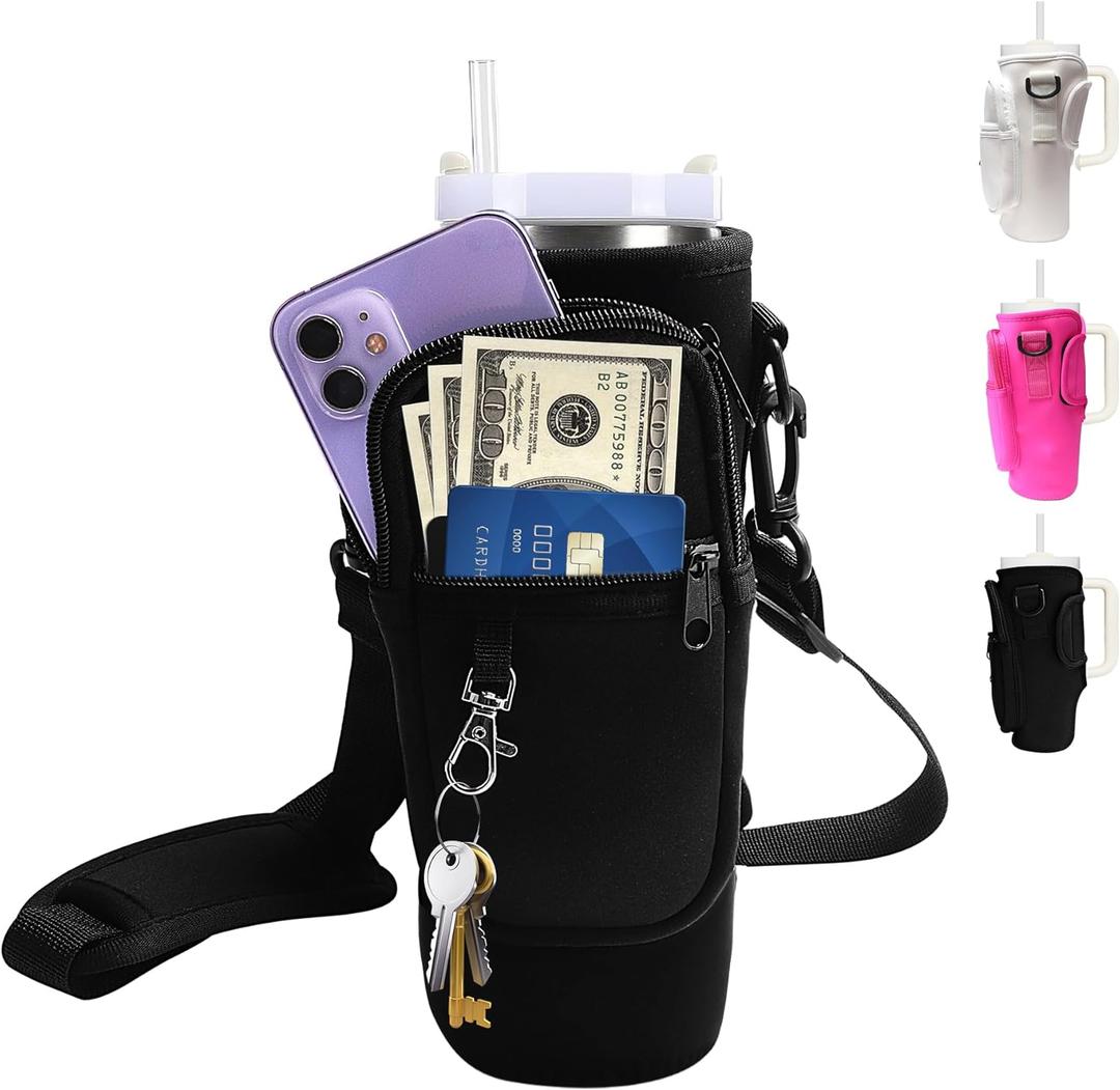 Water Bottle Carrier Bag with Strap for Stanley Cup 40oz/30oz with Phone Pocket, Neoprene Cross-Body Insulated Water Bottle Holder for Tumbler with Handle, Stanley Cup Accessories (Black)