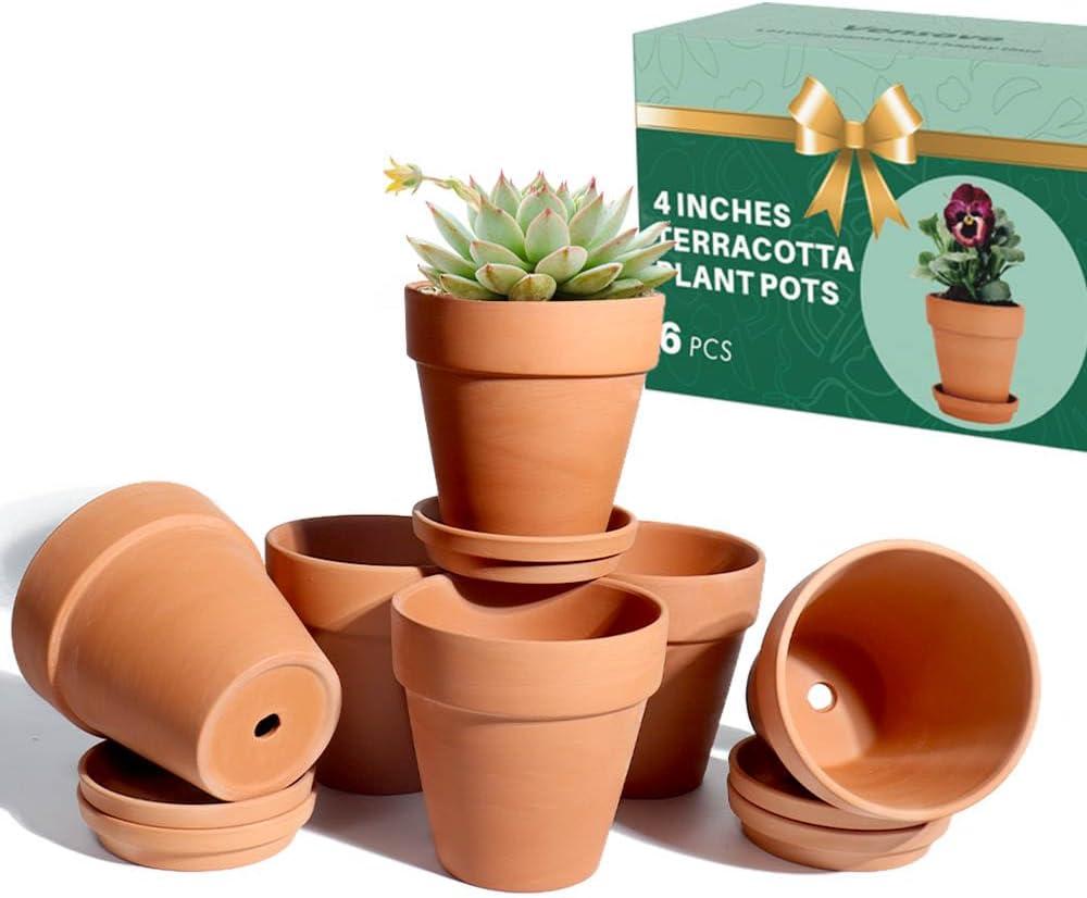 vensovo 4 Inch Terracotta Plant Pots with Saucer - 6 Pack Clay Flower Pots with Drainage, Great for Plants, Crafts, Wedding Favor (Brown)